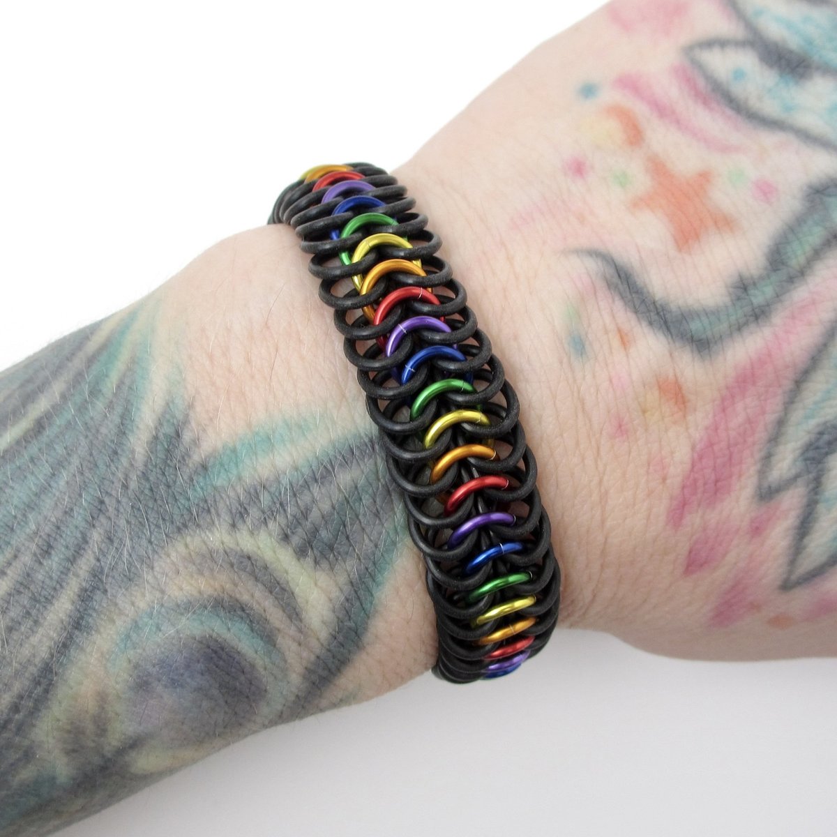 Stretchy chainmail bracelet, rainbow gay pride jewelry, Euro 6 in 1 weave