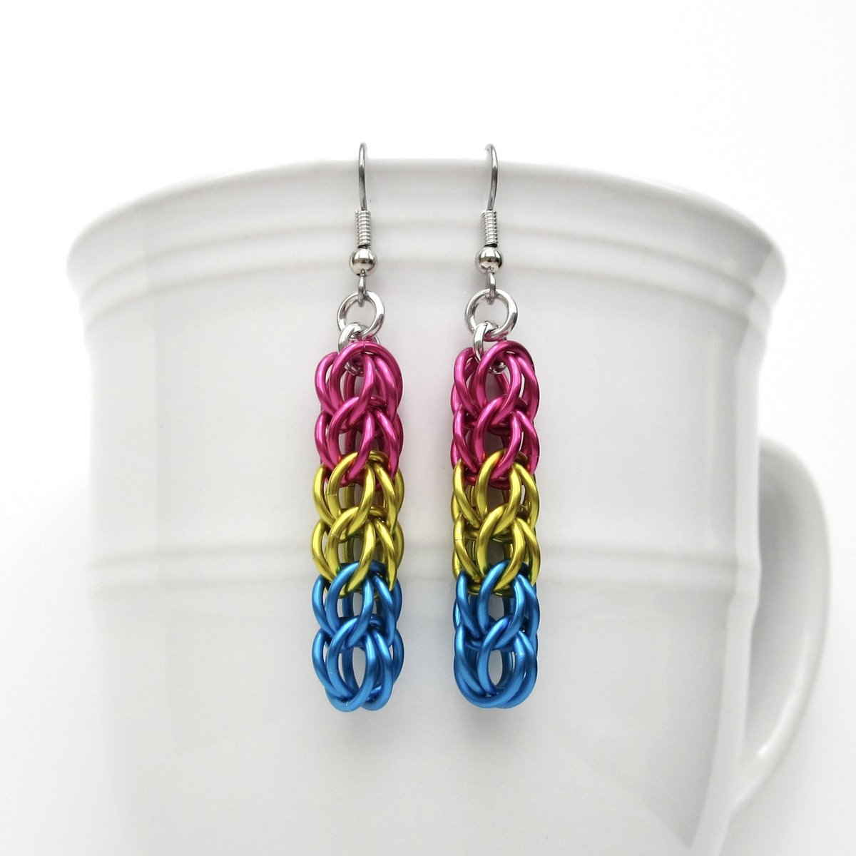 Pansexual pride earrings, LGBTQIA pride jewelry, full Persian chainmail weave; pink, yellow, light blue