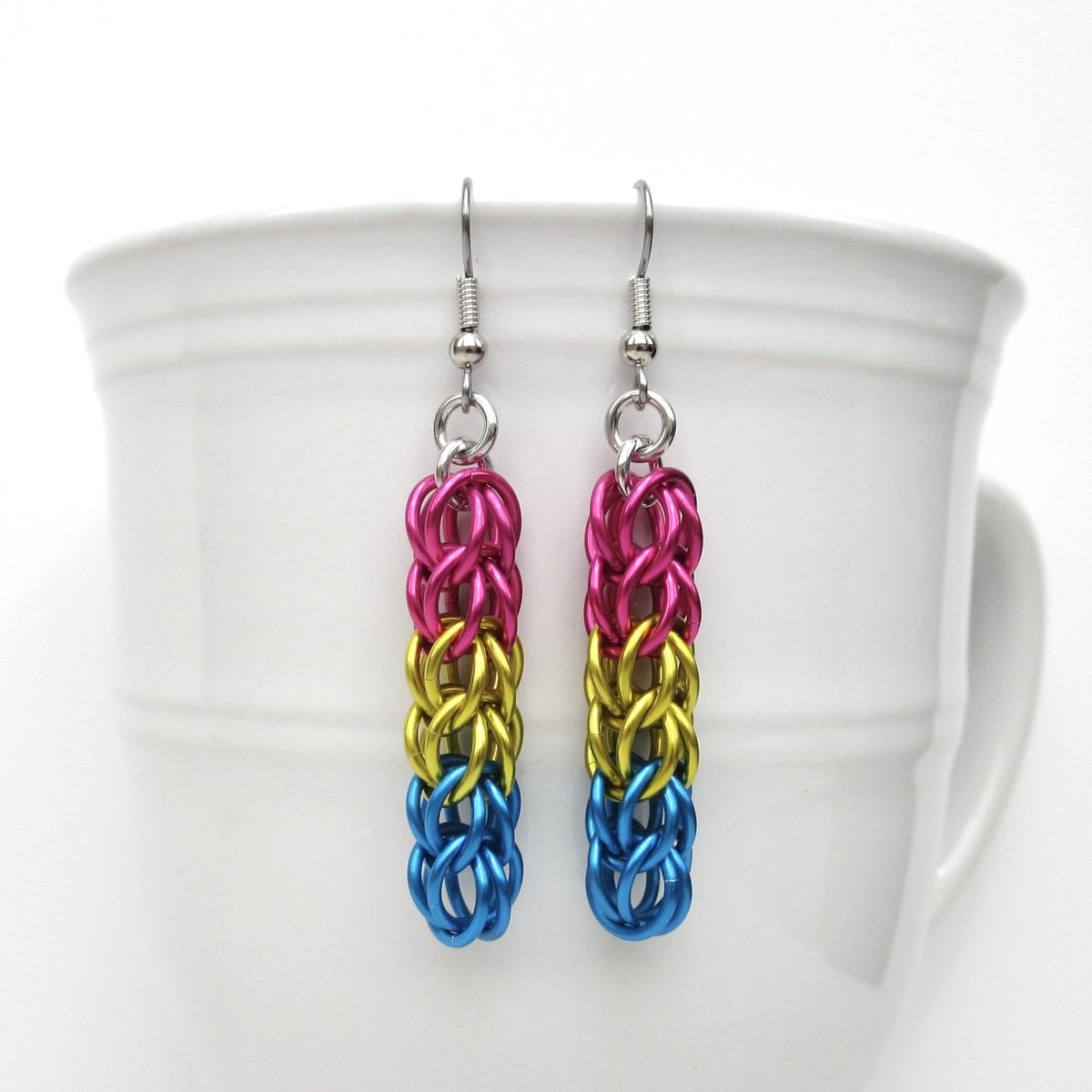 Pansexual pride earrings, LGBTQIA pride jewelry, full Persian chainmail weave; pink, yellow, light blue