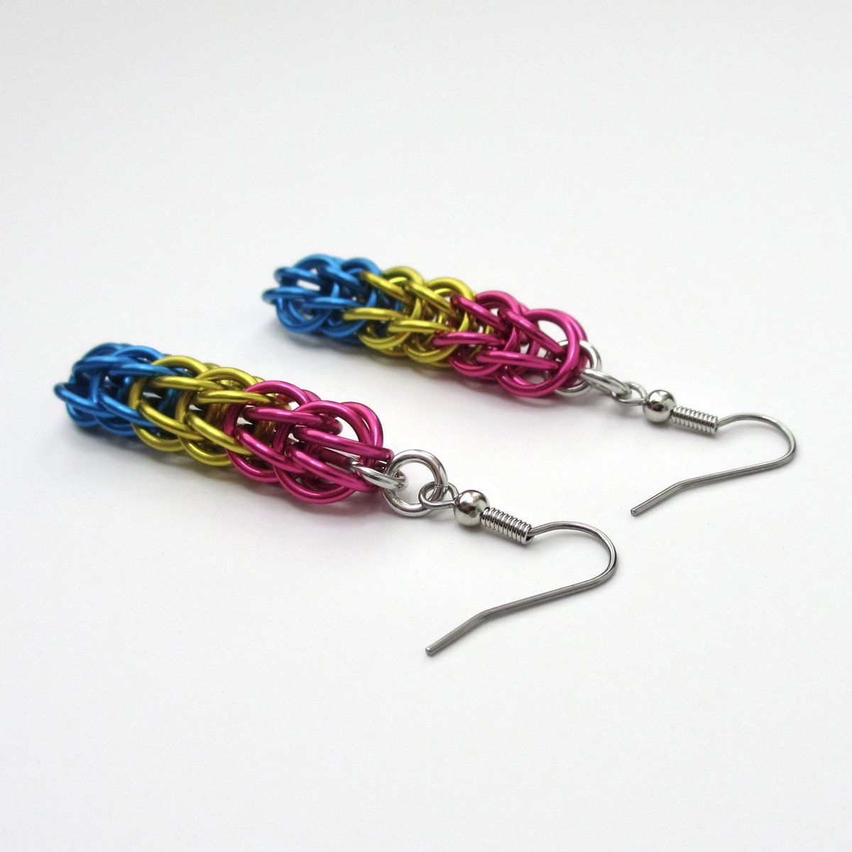 Pansexual pride earrings, LGBTQIA pride jewelry, full Persian chainmail weave; pink, yellow, light blue