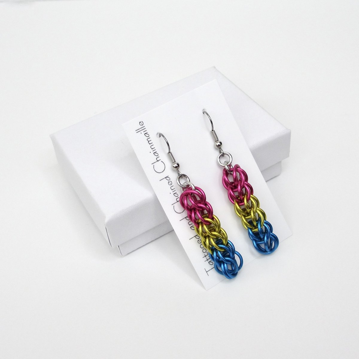 Pansexual pride earrings, LGBTQIA pride jewelry, full Persian chainmail weave; pink, yellow, light blue