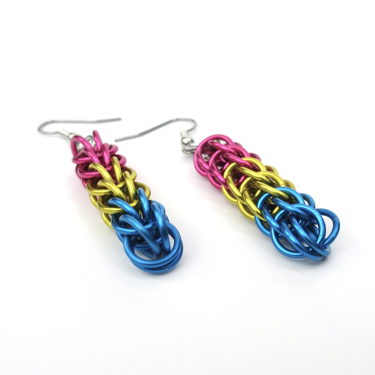 Pansexual pride earrings, LGBTQIA pride jewelry, full Persian chainmail weave; pink, yellow, light blue