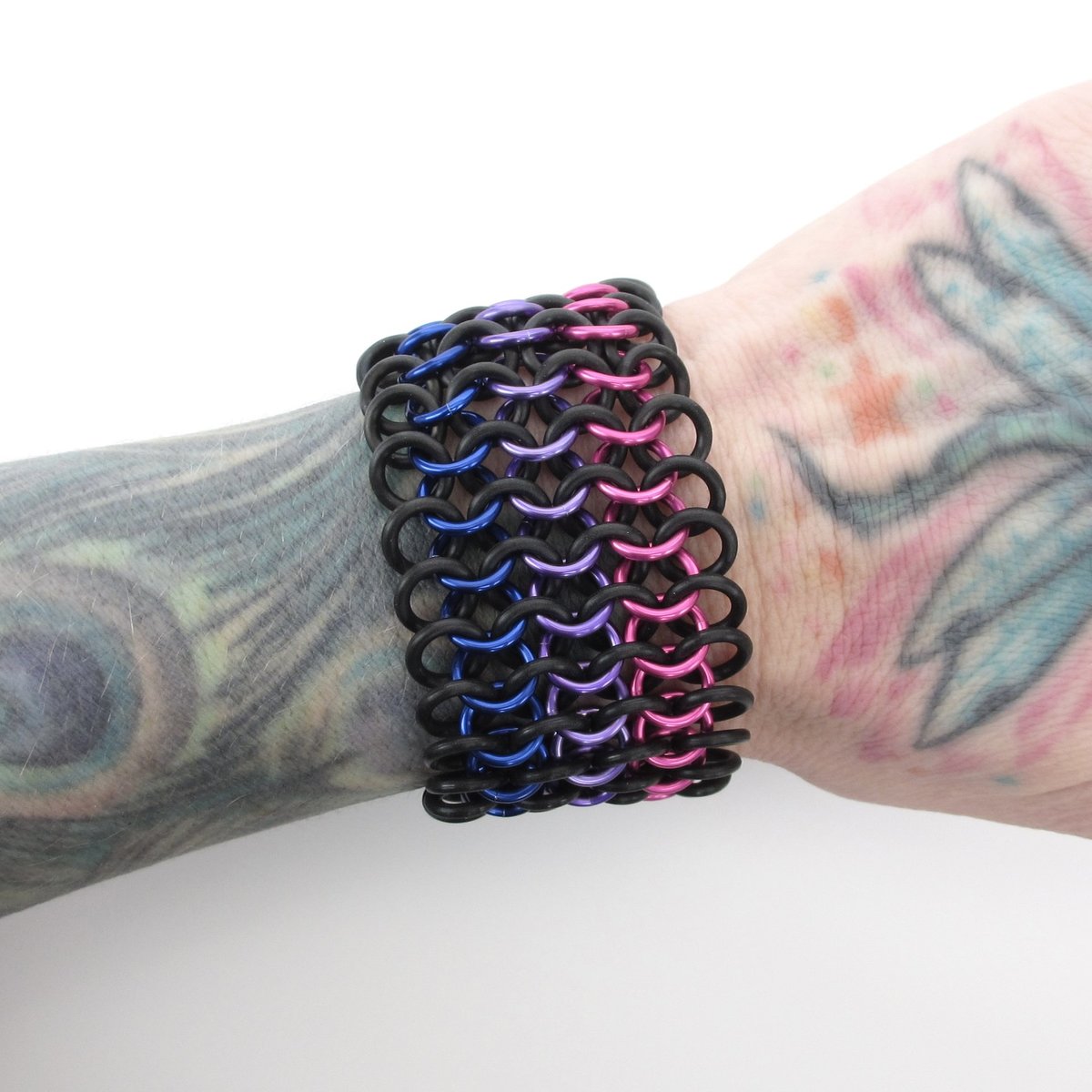 Bisexual pride bracelet, stretchy chainmail cuff bracelet, pink purple blue, European 4 in 1 weave bi pride jewelry