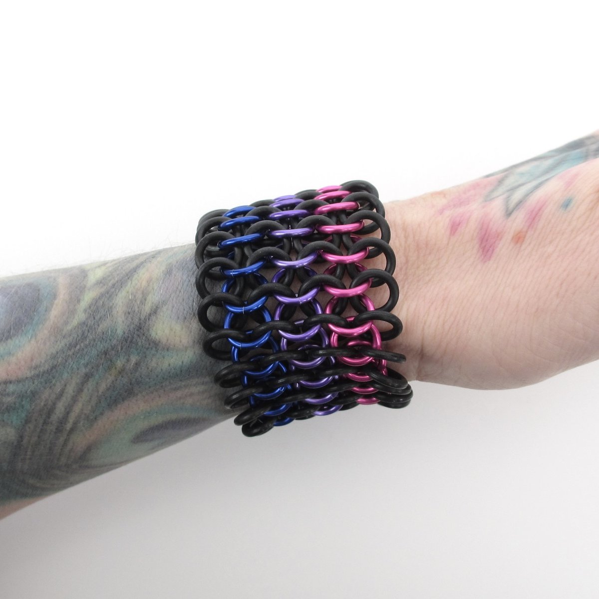 Bisexual pride bracelet, stretchy chainmail cuff bracelet, pink purple blue, European 4 in 1 weave bi pride jewelry