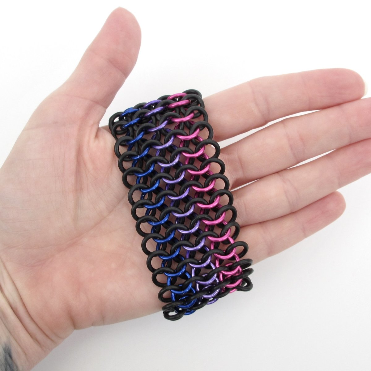 Bisexual pride bracelet, stretchy chainmail cuff bracelet, pink purple blue, European 4 in 1 weave bi pride jewelry