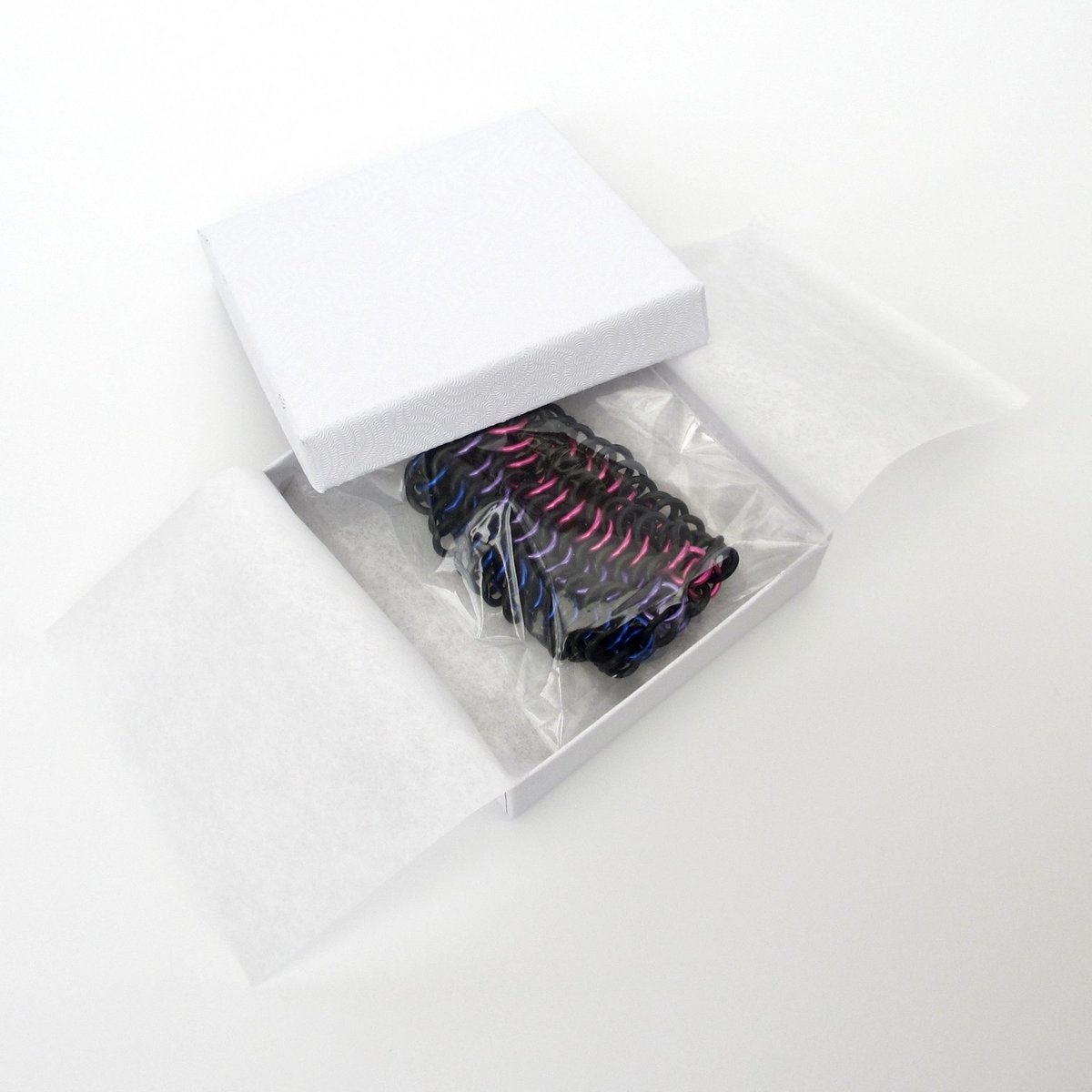 Bisexual pride bracelet, stretchy chainmail cuff bracelet, pink purple blue, European 4 in 1 weave bi pride jewelry