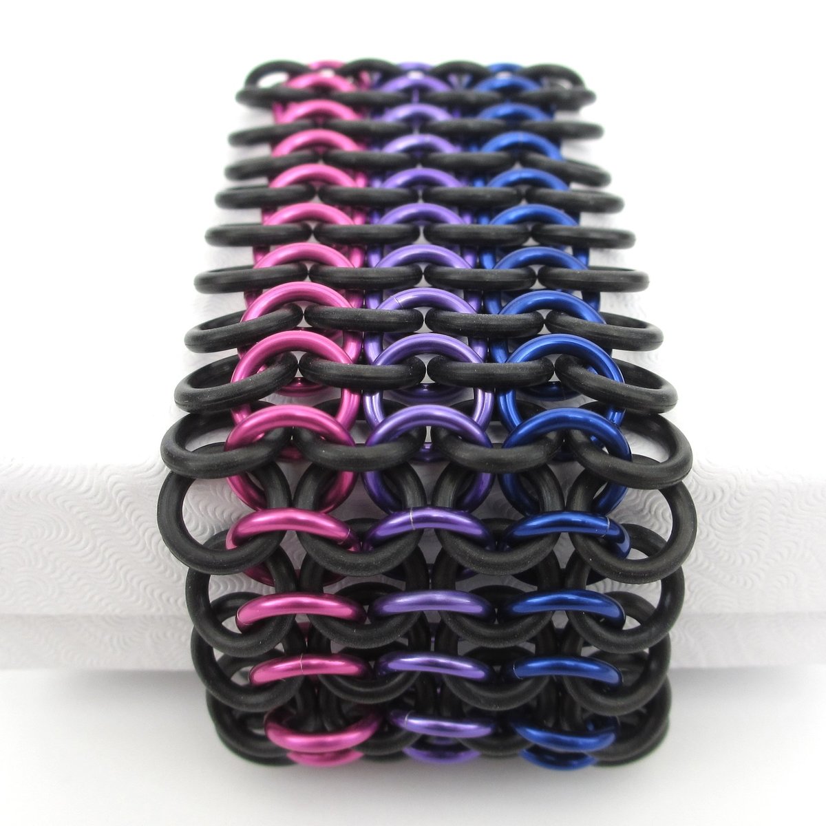 Bisexual pride bracelet, stretchy chainmail cuff bracelet, pink purple blue, European 4 in 1 weave bi pride jewelry