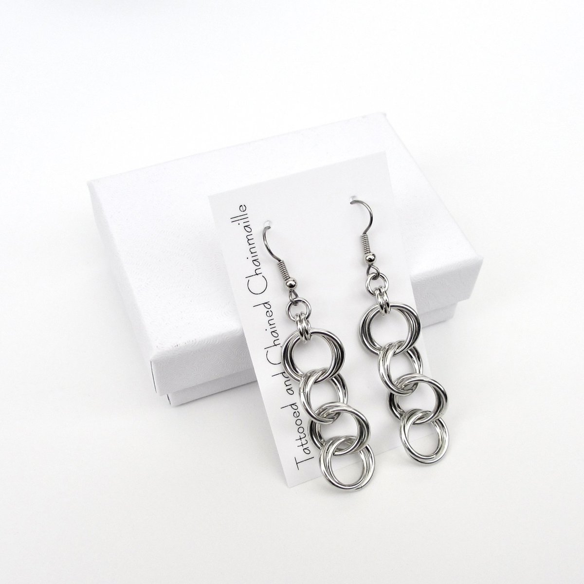 Silver aluminum chain dangle earrings, simple chainmail for everyday wear
