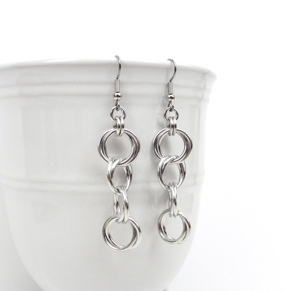 Silver aluminum chain dangle earrings, simple chainmail for everyday wear