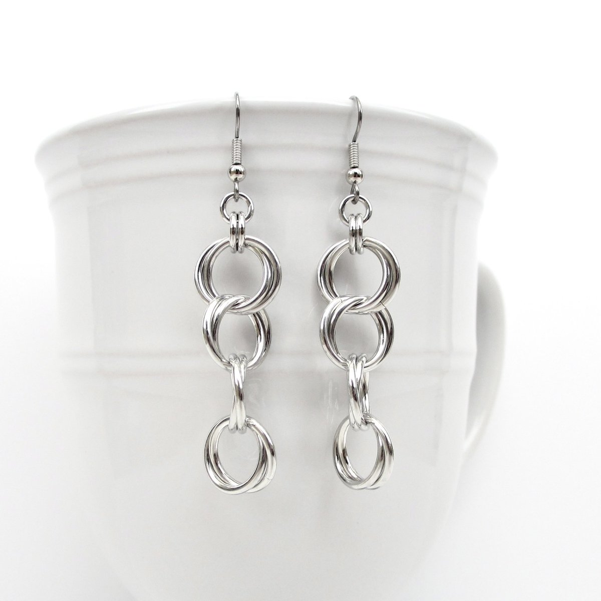 Silver aluminum chain dangle earrings, simple chainmail for everyday wear