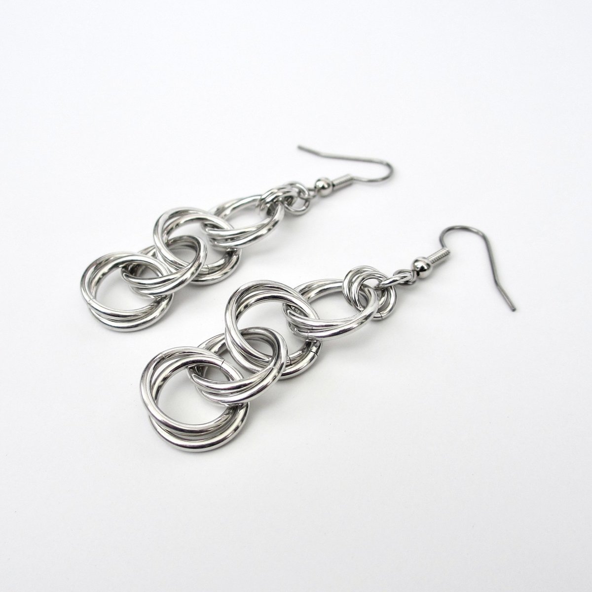 Silver aluminum chain dangle earrings, simple chainmail for everyday wear