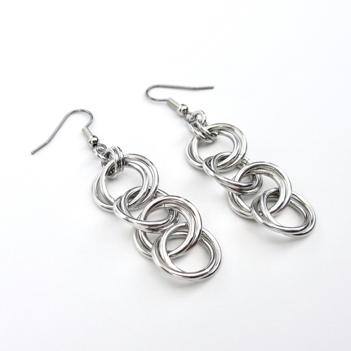 Silver aluminum chain dangle earrings, simple chainmail for everyday wear