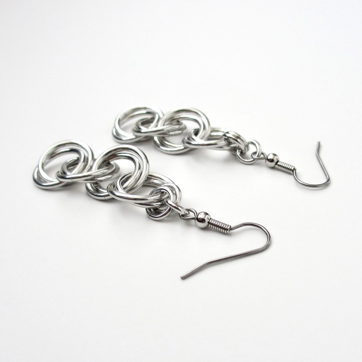 Silver aluminum chain dangle earrings, simple chainmail for everyday wear