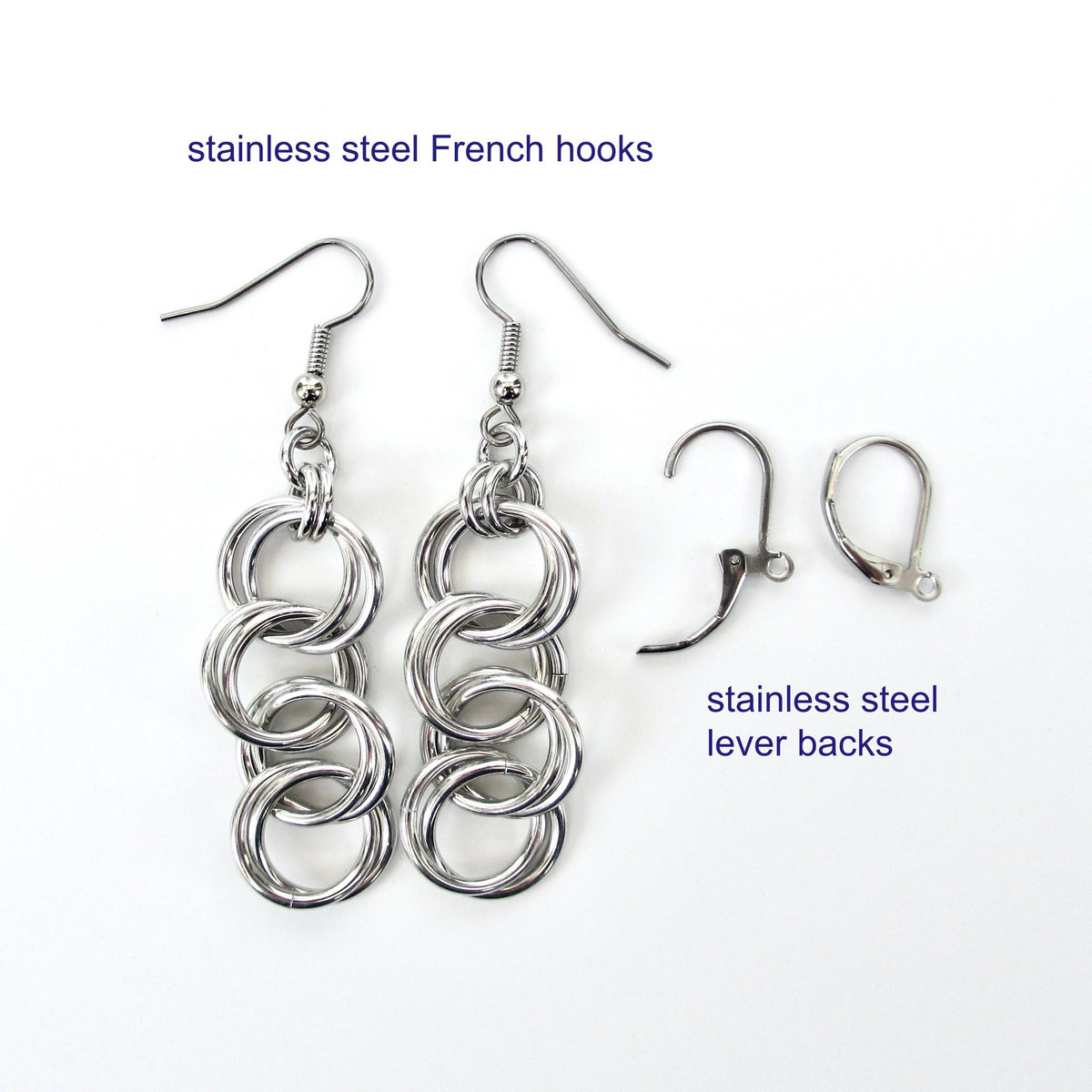 Silver aluminum chain dangle earrings, simple chainmail for everyday wear