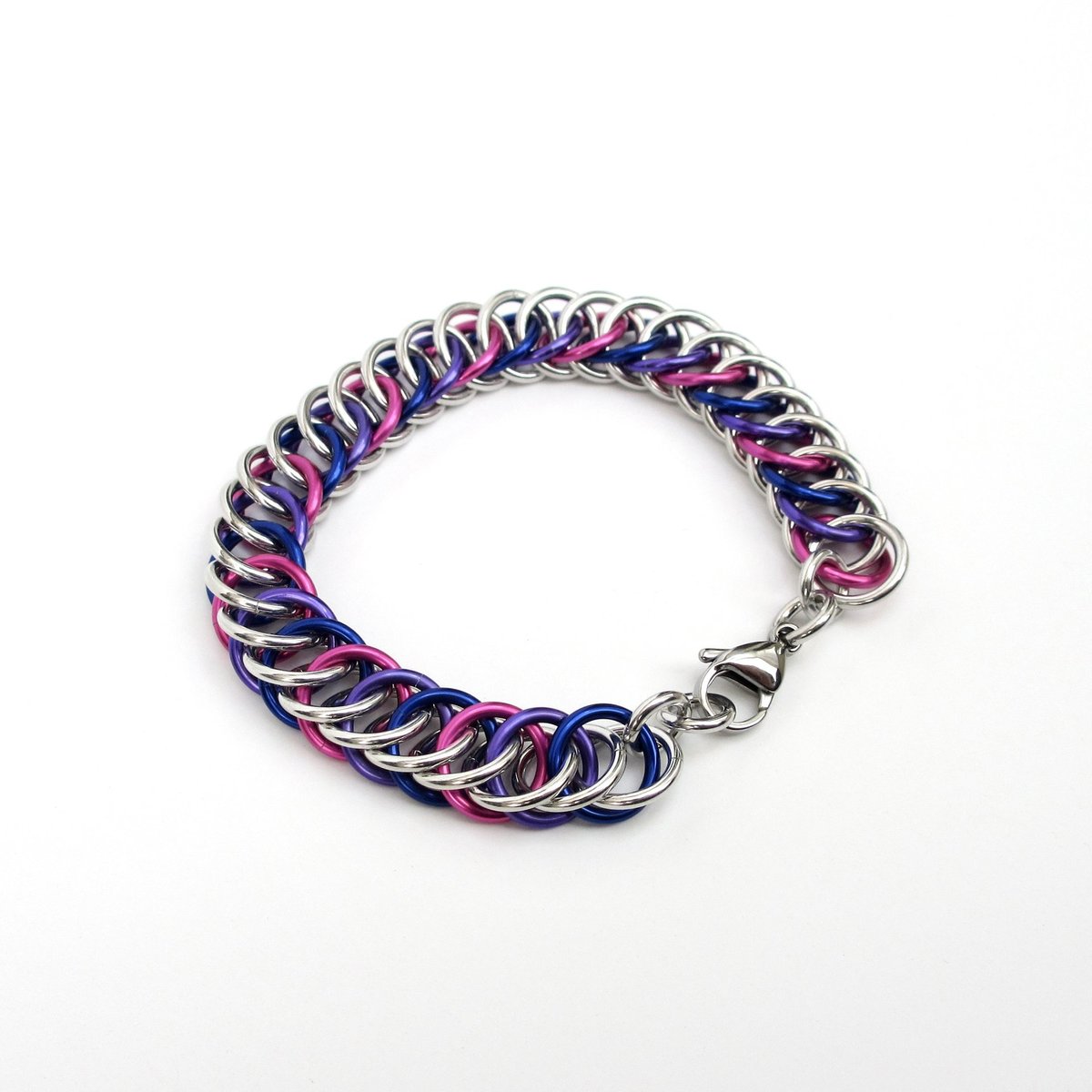 Bisexual pride bracelet, chainmaille half Persian 4 in 1 weave,  pink purple blue