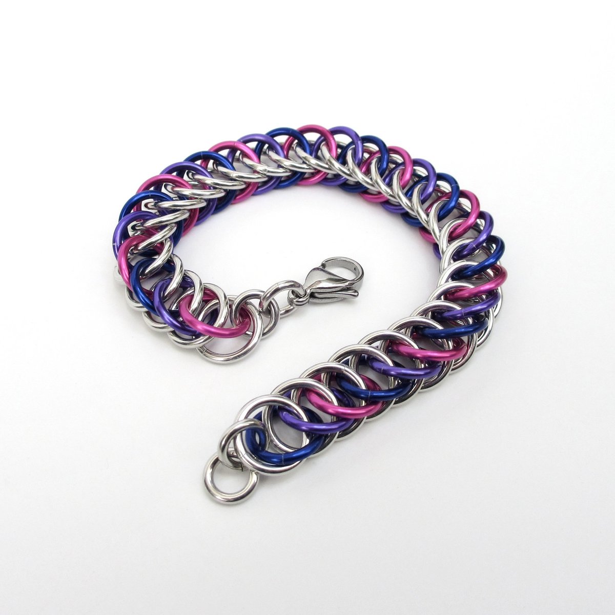 Bisexual pride bracelet, chainmaille half Persian 4 in 1 weave,  pink purple blue