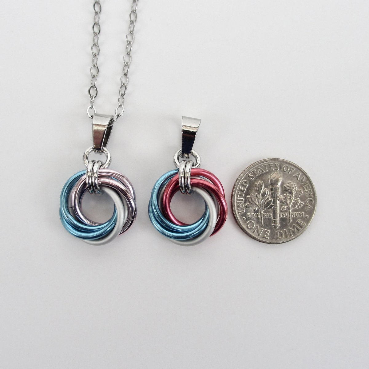 Transgender pride pendant necklace, chainmail love knot, trans pride jewelry, pink white blue