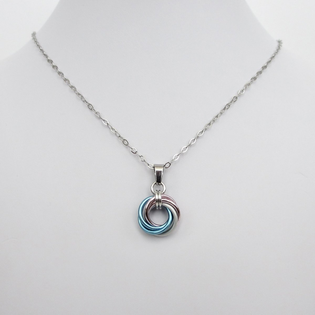 Transgender pride pendant necklace, chainmail love knot, trans pride jewelry, pink white blue