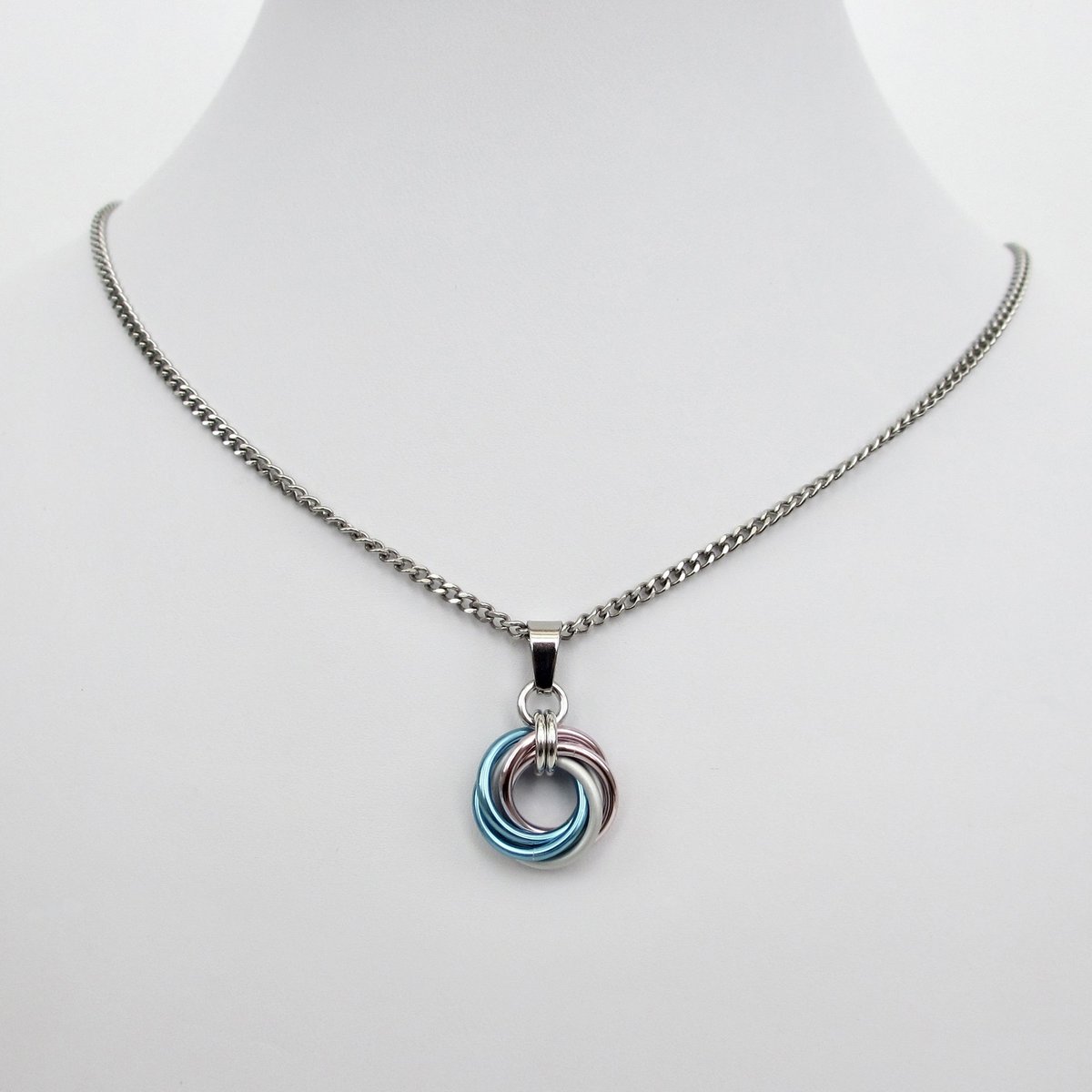 Transgender pride pendant necklace, chainmail love knot, trans pride jewelry, pink white blue