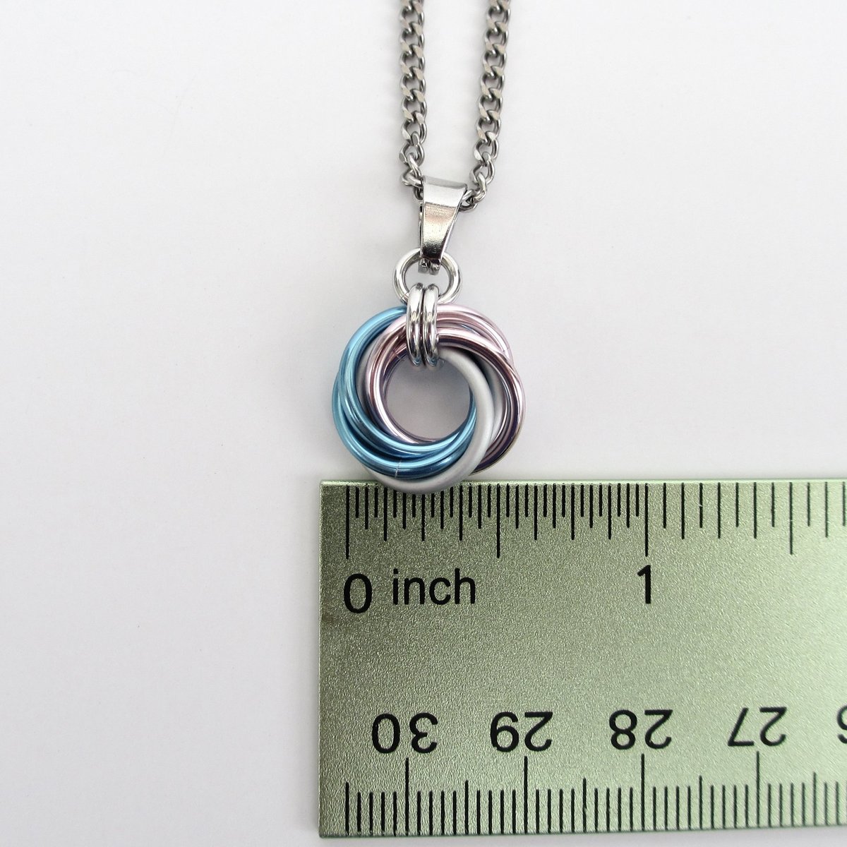 Transgender pride pendant necklace, chainmail love knot, trans pride jewelry, pink white blue
