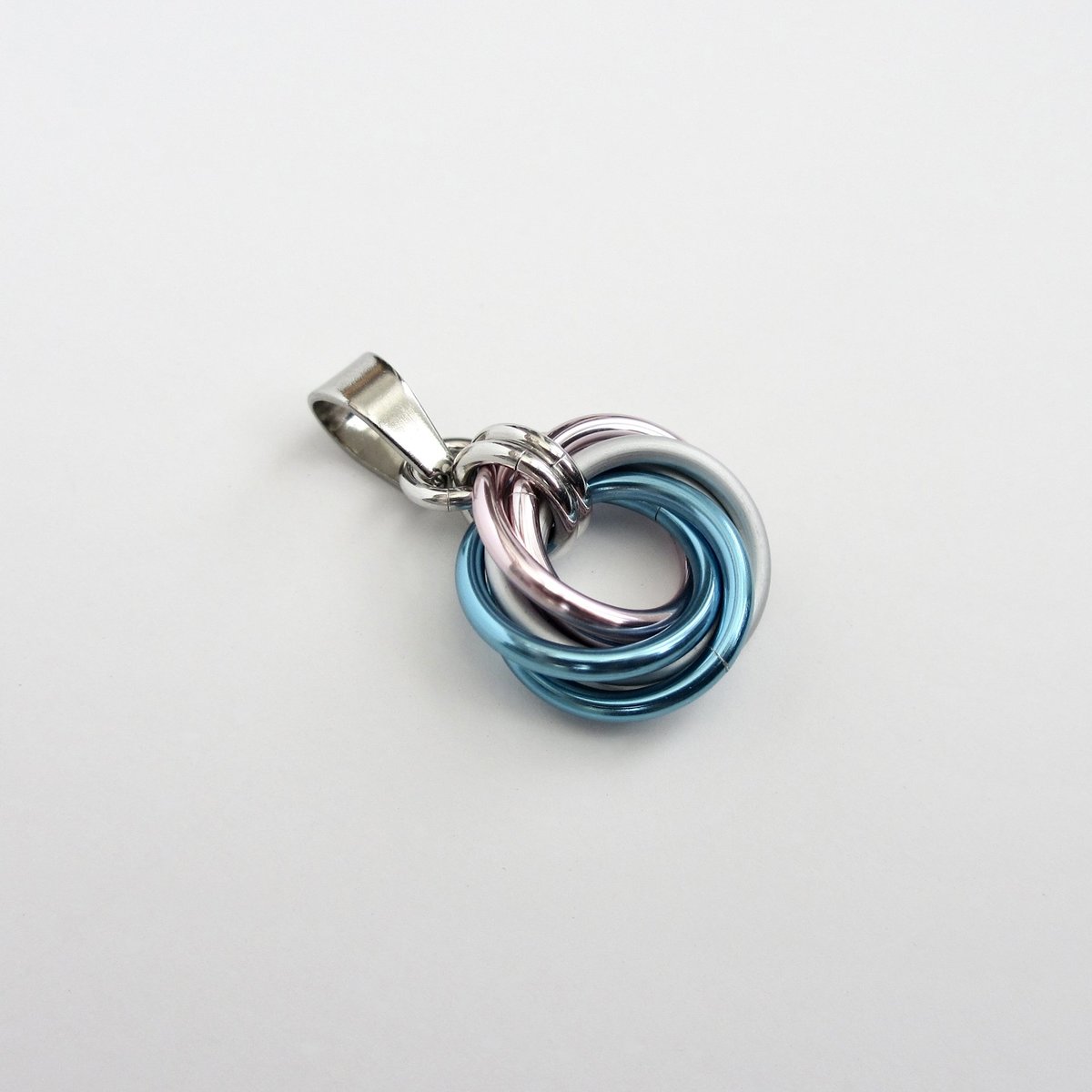 Transgender pride pendant necklace, chainmail love knot, trans pride jewelry, pink white blue
