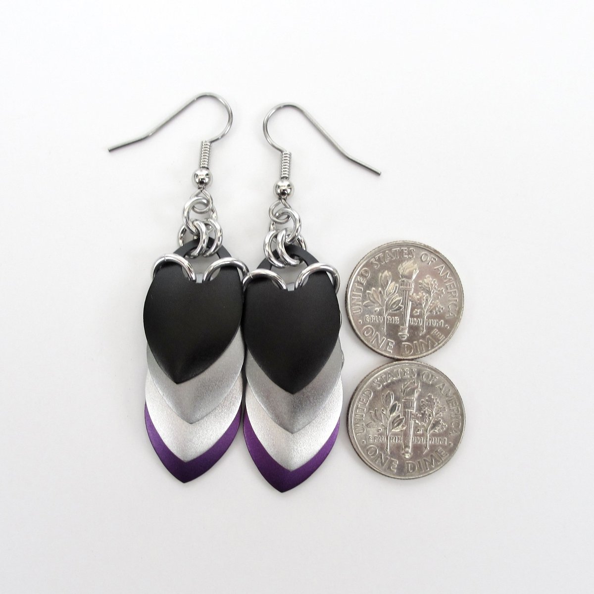 Handmade asexual pride earrings, chainmail scales jewelry, ace flag colors; black gray white purple
