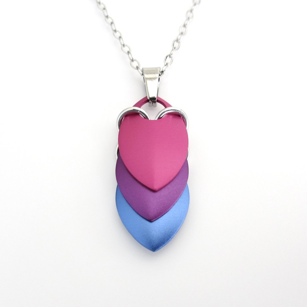 Handmade Bi Pride Pendant, Anodized Aluminum Chainmail Scale Necklace in Bisexual Flag Colors – Lightweight LGBTQ+ Jewelry