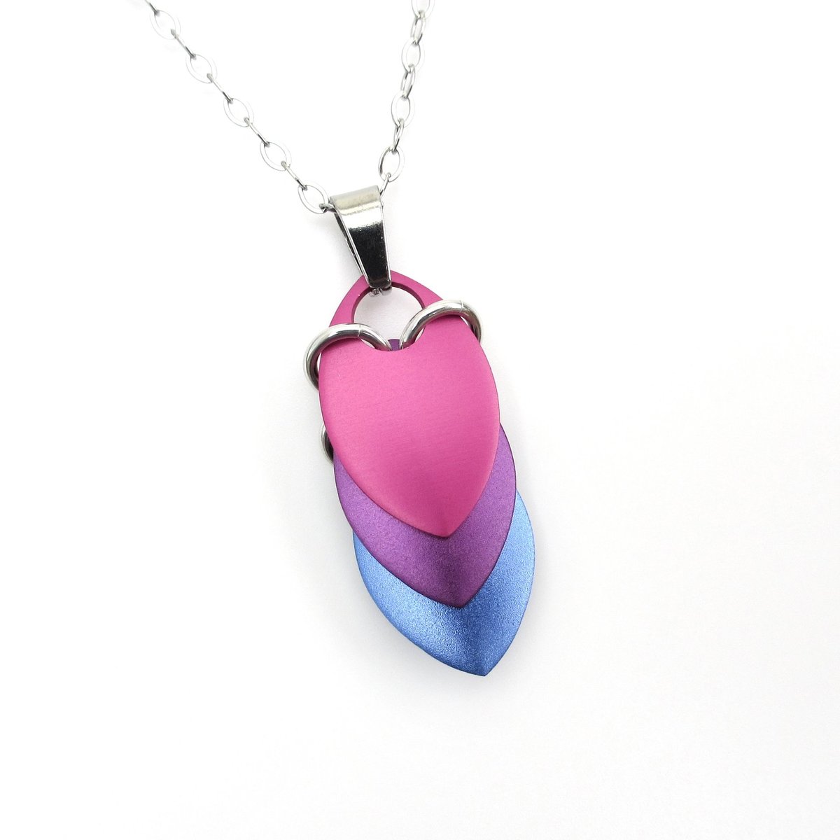 Handmade Bi Pride Pendant, Anodized Aluminum Chainmail Scale Necklace in Bisexual Flag Colors – Lightweight LGBTQ+ Jewelry