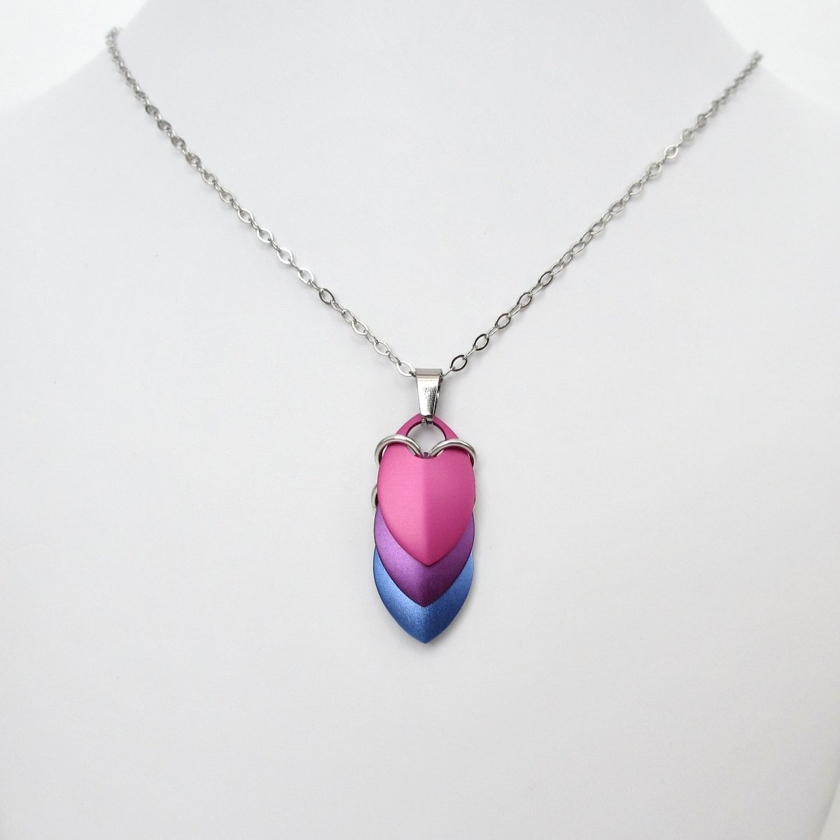 Handmade Bi Pride Pendant, Anodized Aluminum Chainmail Scale Necklace in Bisexual Flag Colors – Lightweight LGBTQ+ Jewelry