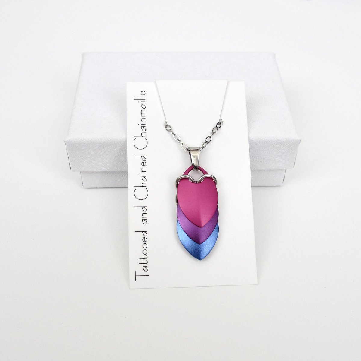 Handmade Bi Pride Pendant, Anodized Aluminum Chainmail Scale Necklace in Bisexual Flag Colors – Lightweight LGBTQ+ Jewelry