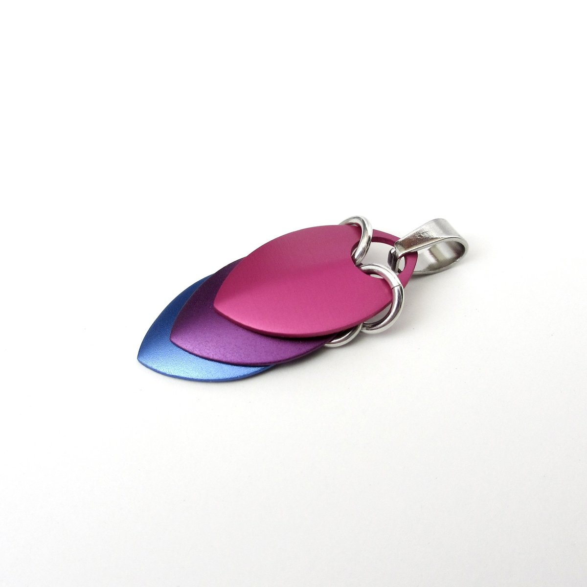 Handmade Bi Pride Pendant, Anodized Aluminum Chainmail Scale Necklace in Bisexual Flag Colors – Lightweight LGBTQ+ Jewelry