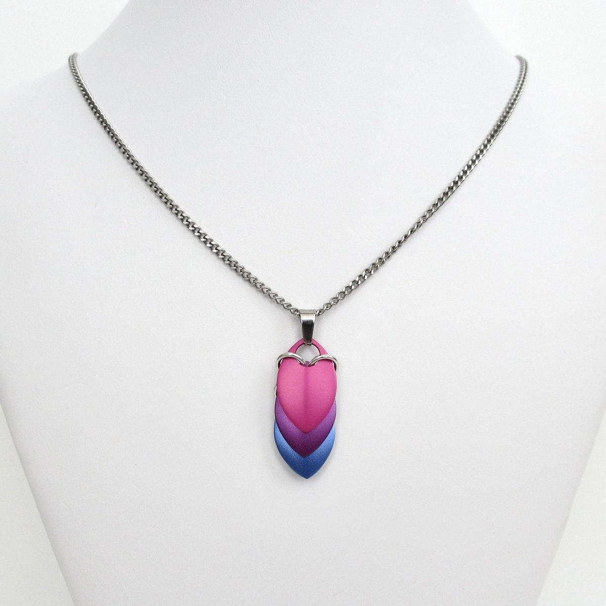 Handmade Bi Pride Pendant, Anodized Aluminum Chainmail Scale Necklace in Bisexual Flag Colors – Lightweight LGBTQ+ Jewelry