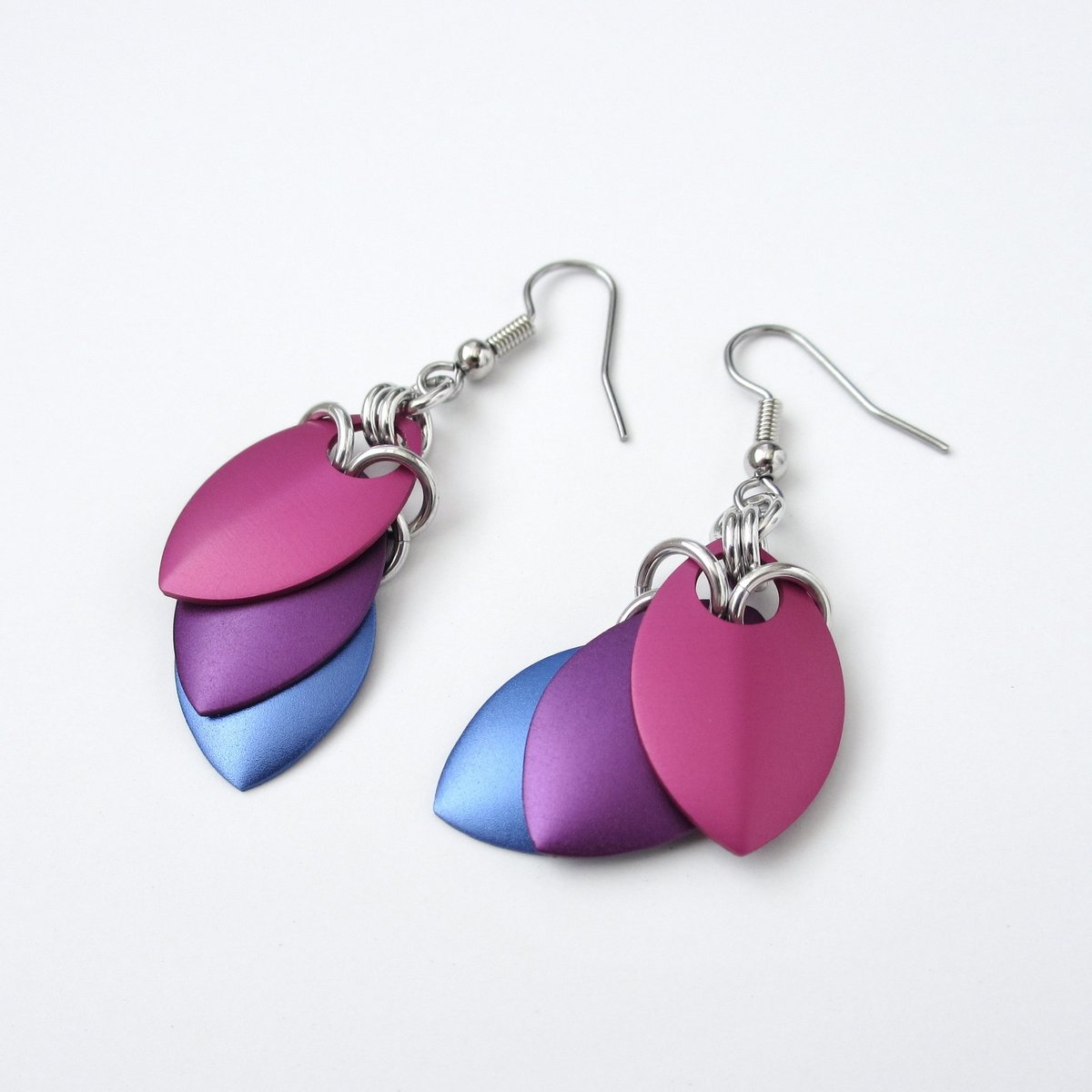 Bisexual pride earrings, handmade bi pride flag jewelry, lightweight chainmail scales; pink purple blue