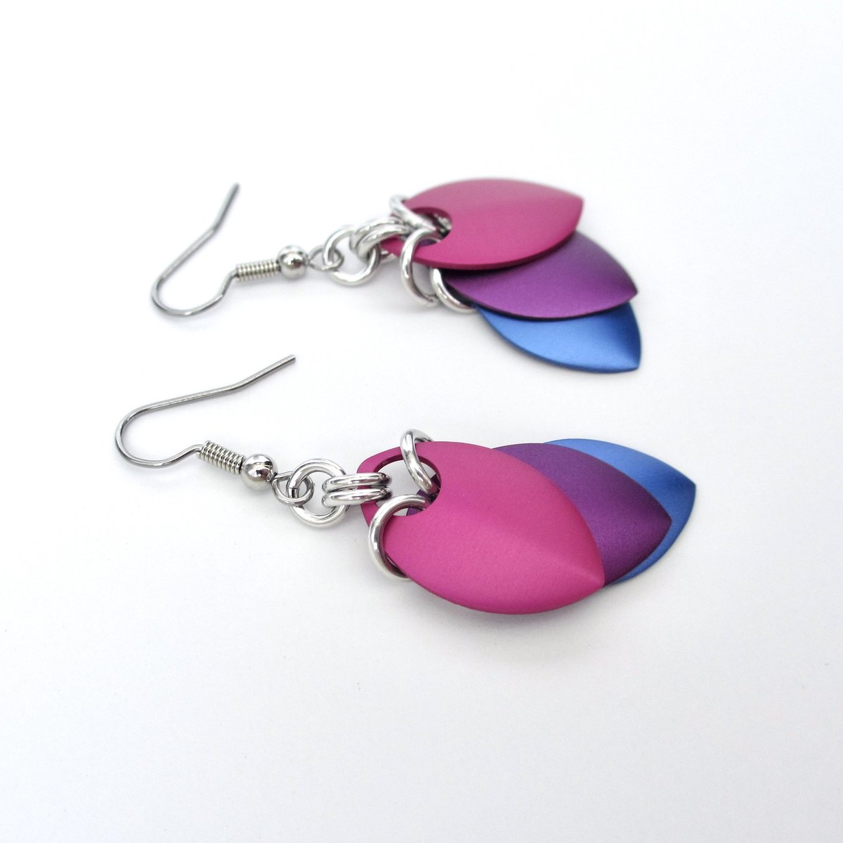 Bisexual pride earrings, handmade bi pride flag jewelry, lightweight chainmail scales; pink purple blue