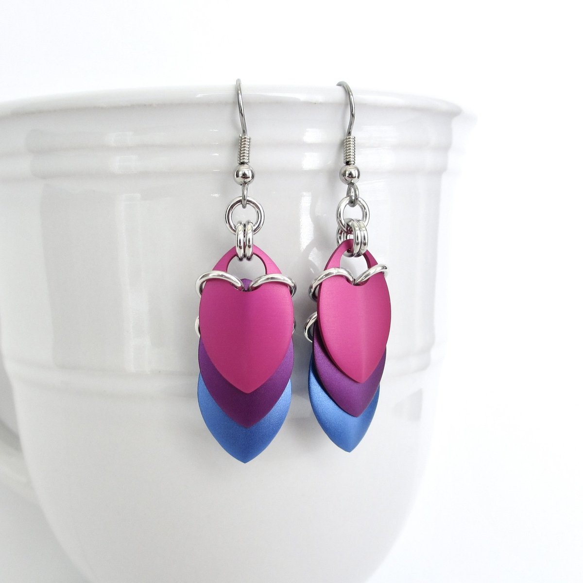 Bisexual pride earrings, handmade bi pride flag jewelry, lightweight chainmail scales; pink purple blue