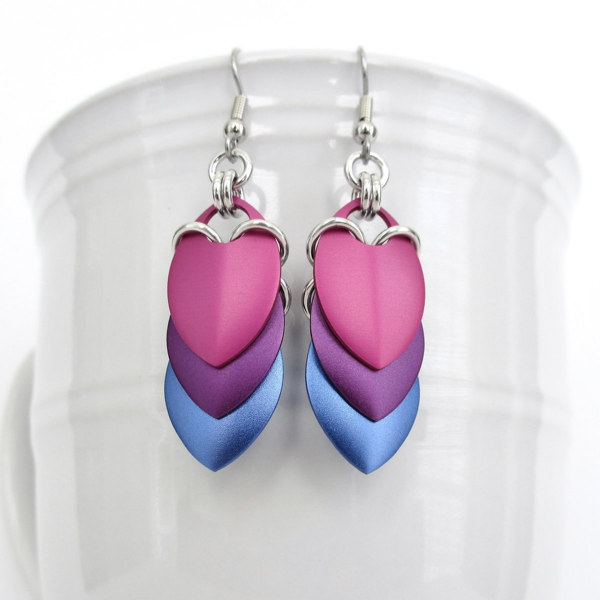 Bisexual pride earrings, handmade bi pride flag jewelry, lightweight chainmail scales; pink purple blue