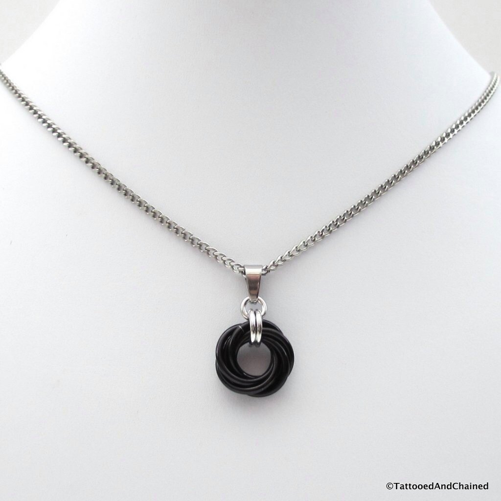 Black love knot pendant, small circle necklace, black chainmail jewelry