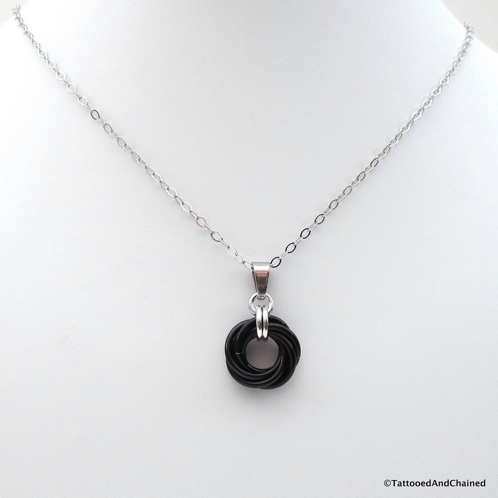 Black love knot pendant, small circle necklace, black chainmail jewelry