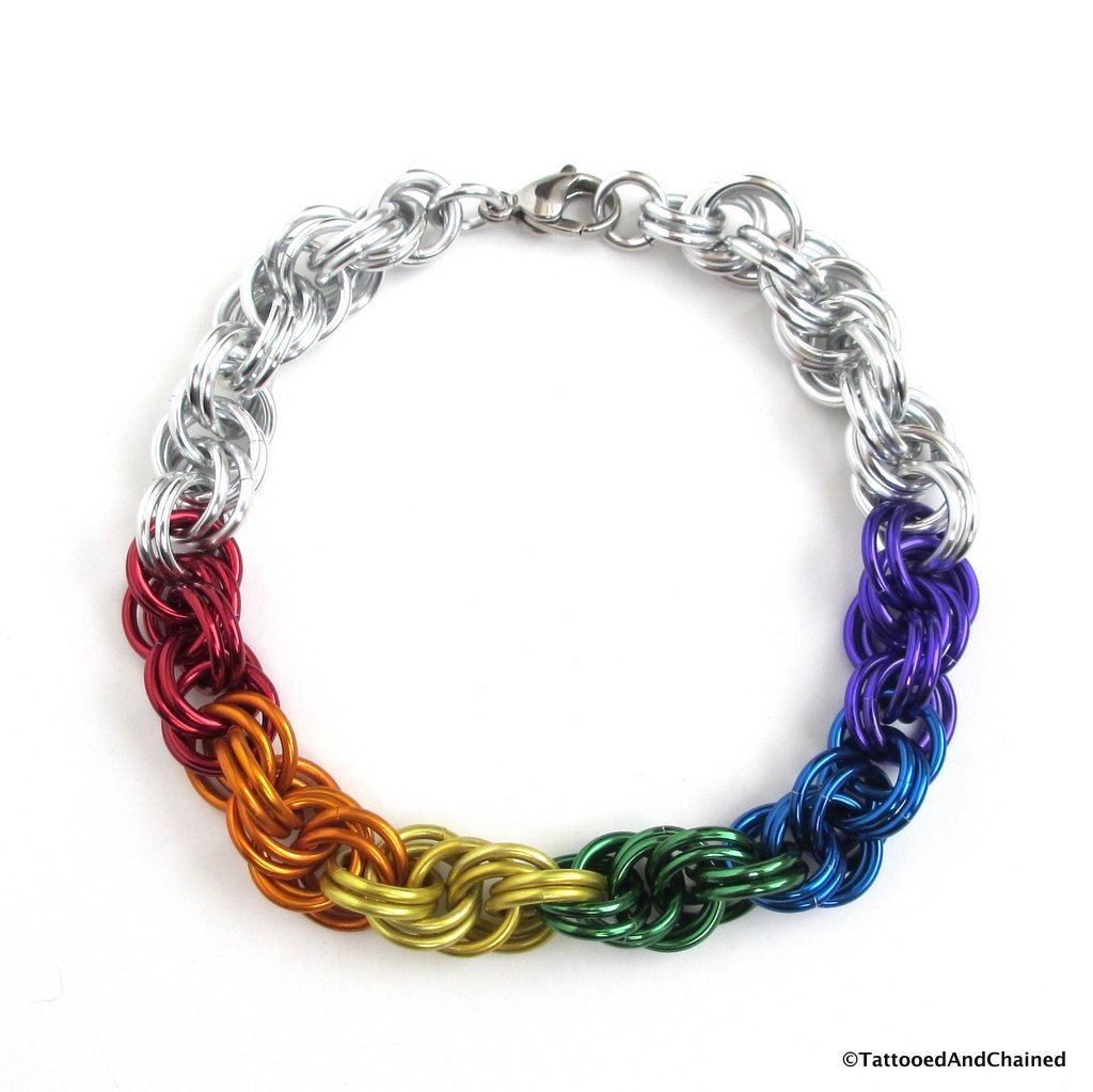 LGBTQ rainbow bracelet, gay pride chainmail jewelry, double spiral weave