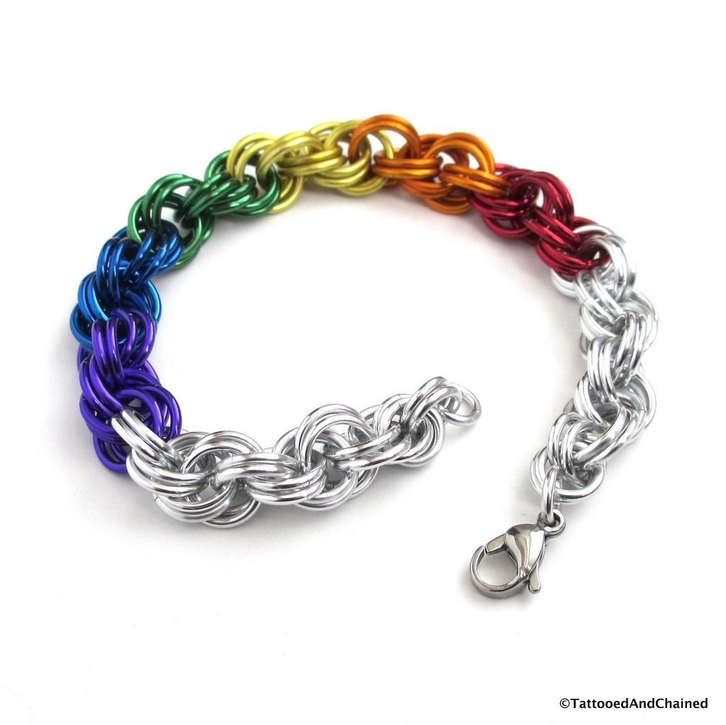 LGBTQ rainbow bracelet, gay pride chainmail jewelry, double spiral weave