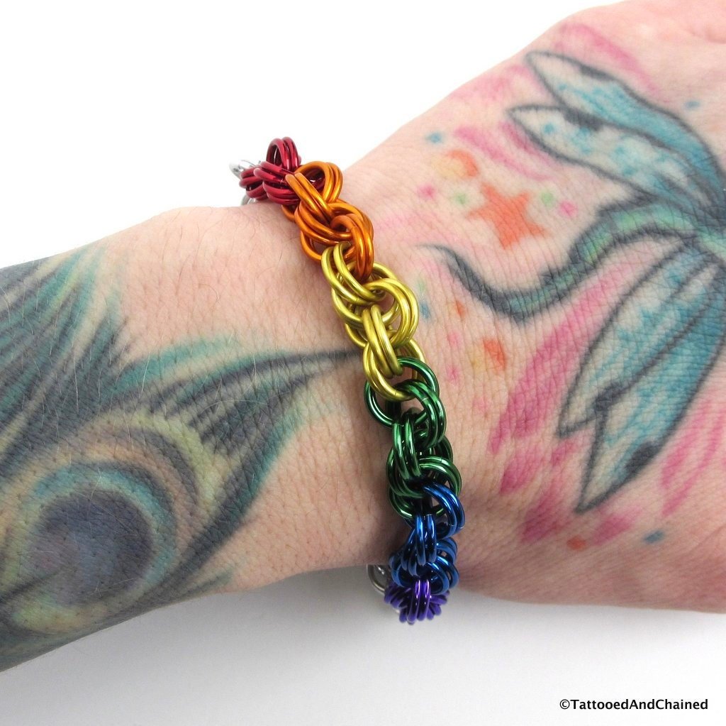 LGBTQ rainbow bracelet, gay pride chainmail jewelry, double spiral weave