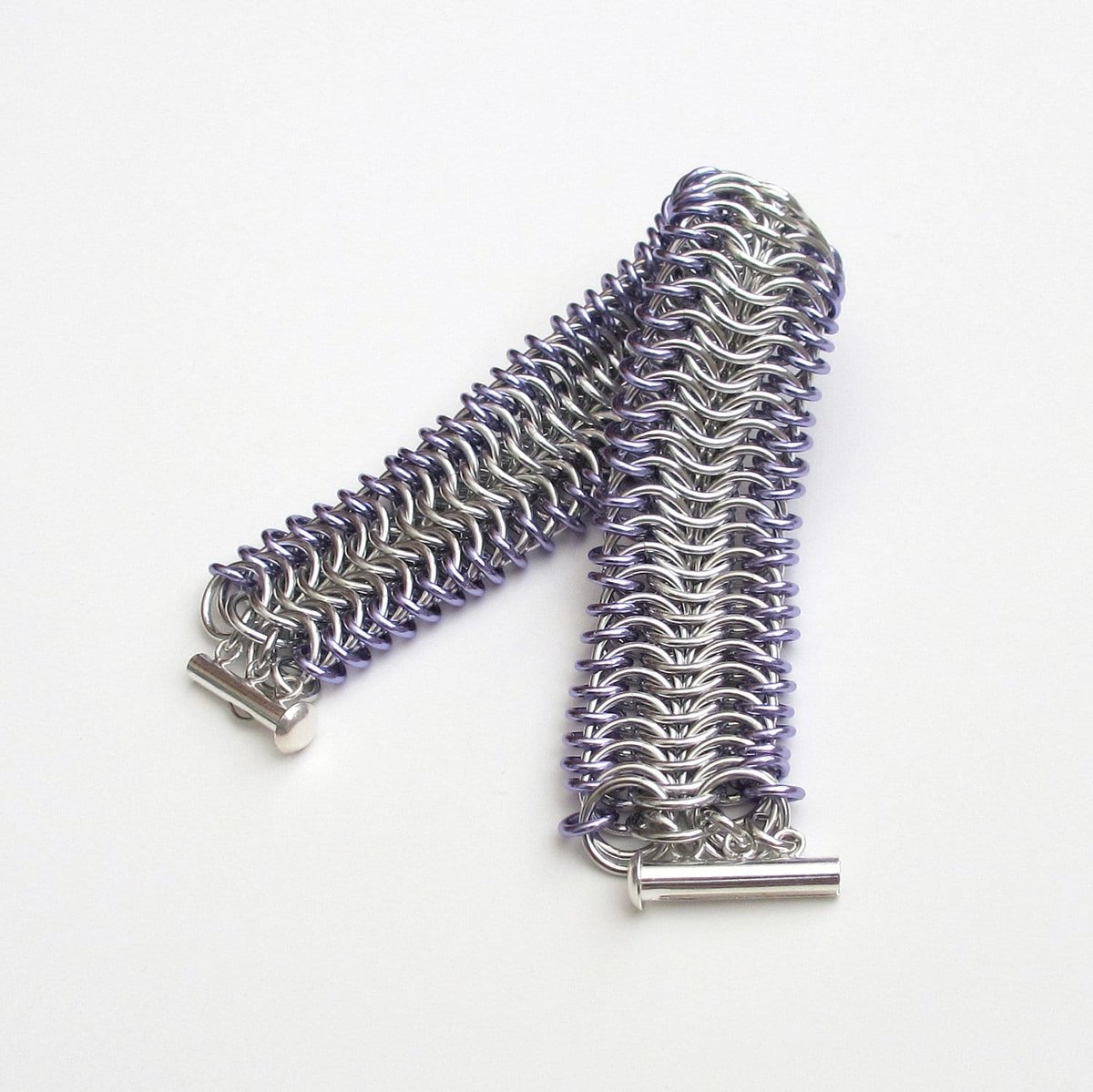 Chainmail cuff bracelet, silver & lavender bracelet, chainmail jewelry for women