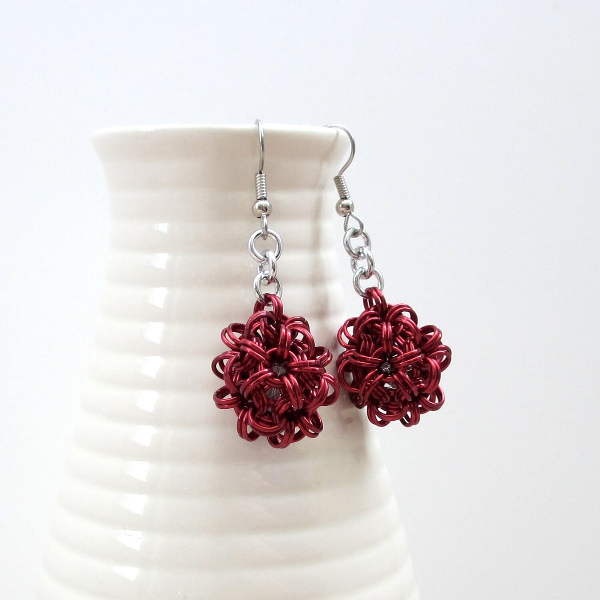 Red chainmaille earrings, mini dodecahedrons