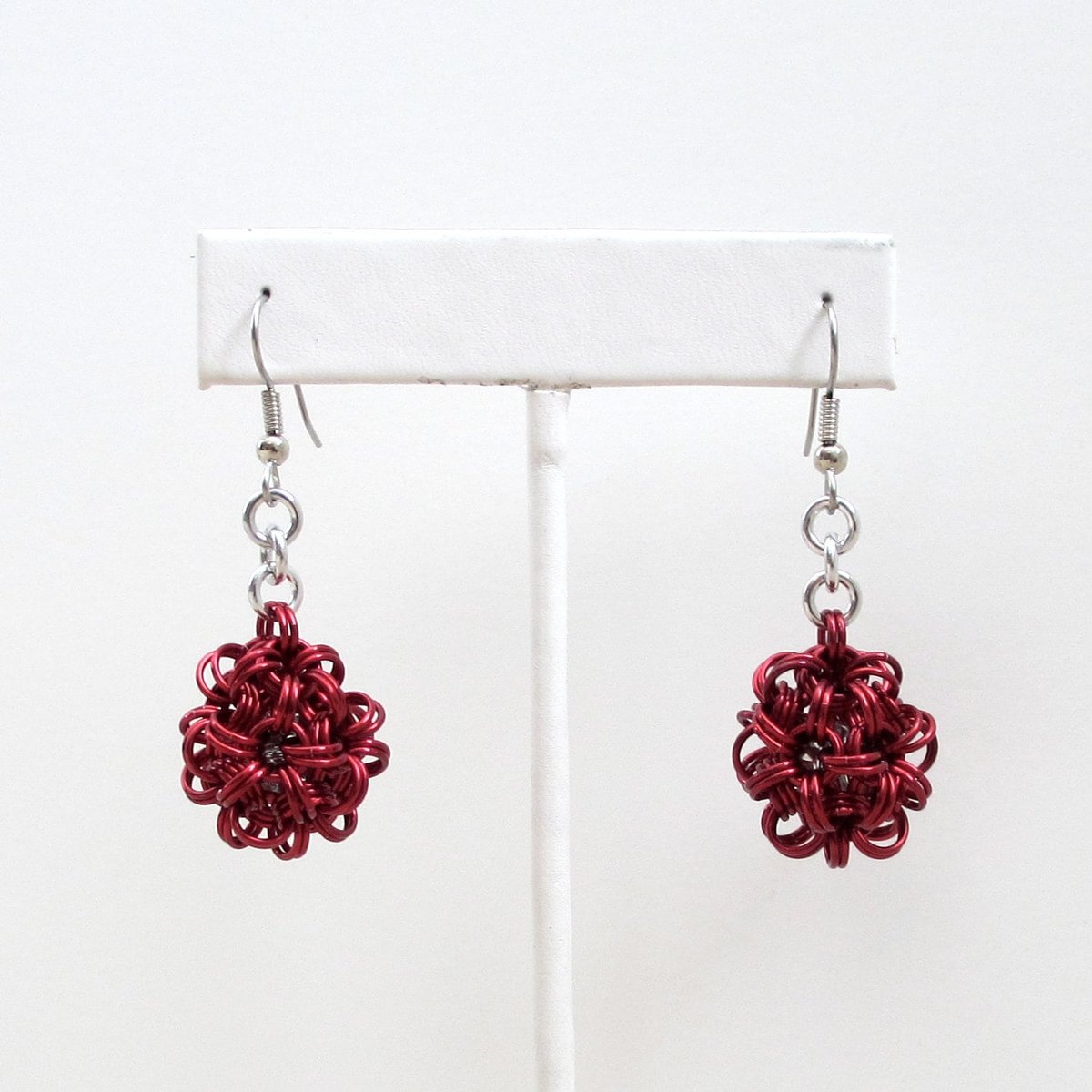 Red chainmaille earrings, mini dodecahedrons