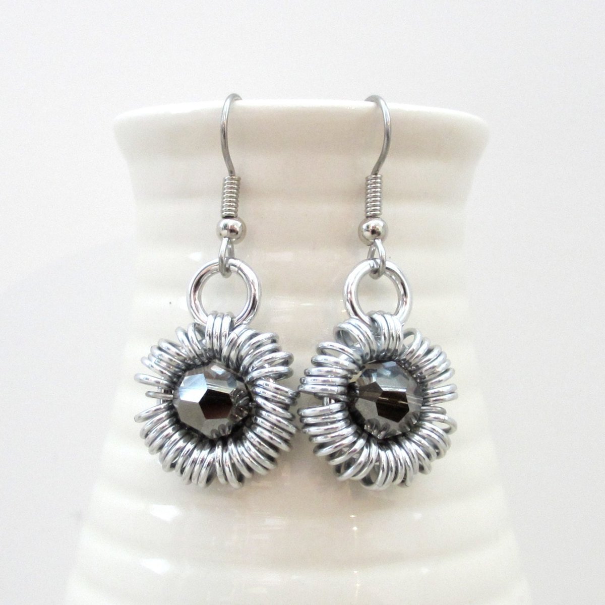 Gray earrings, crystal earrings, chainmaille jewelry