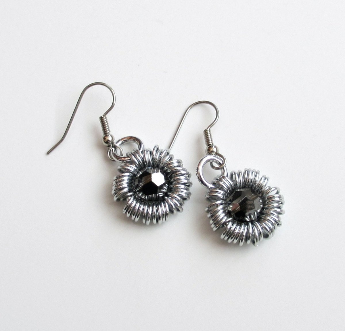 Gray earrings, crystal earrings, chainmaille jewelry