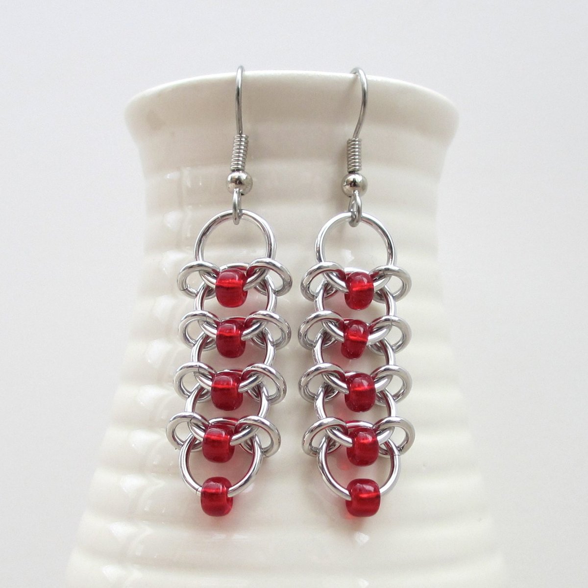 Centipede chainmail earrings with red beads