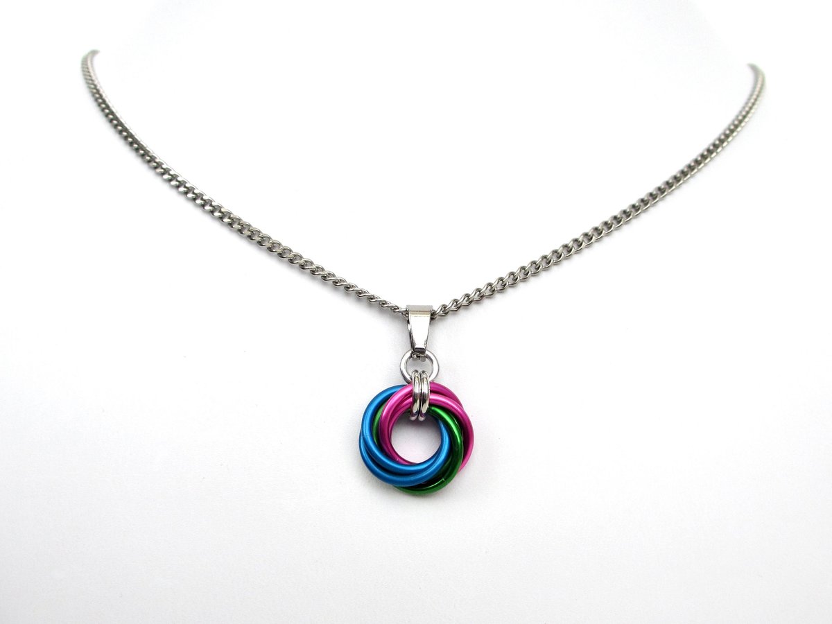 Polysexual pride pendant necklace, chainmail love knot, LGBTQ pride jewelry