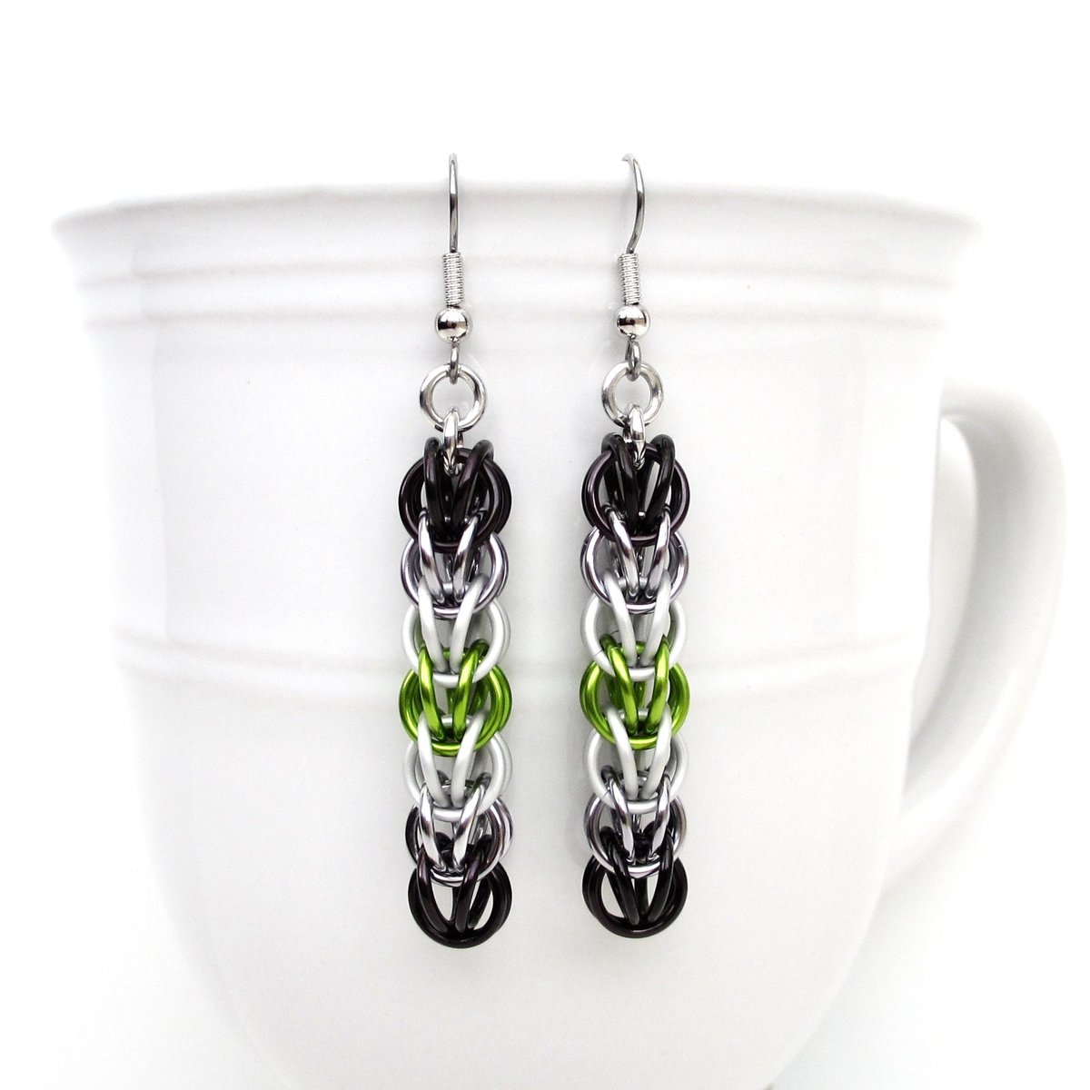 Agender flag earrings, LGBTQ pride jewelry, Full Persian chainmail weave
