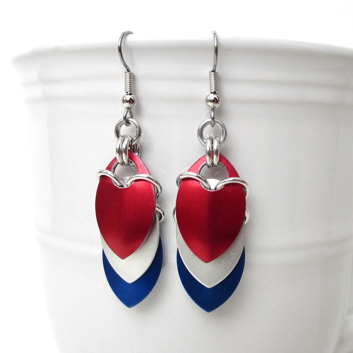 Red, white and blue chainmail scales earrings, USA patriotic pride